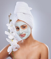Orchid, woman and face mask for skincare, cosmetic and facial treatment on white background....