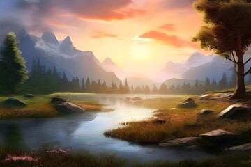 Beautiful Landscape Natural Peaceful Background Image with hill, river, sky, trees, sun and mountain