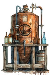A beautiful watercolor painting of a copper still. The still is surrounded by wooden barrels and bottles of whiskey.