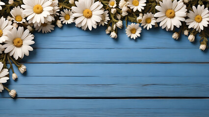 Wood background with white Daisies around the border, white space with flowers around the border