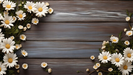 Wood background with white Daisies around the border, white space with flowers around the border