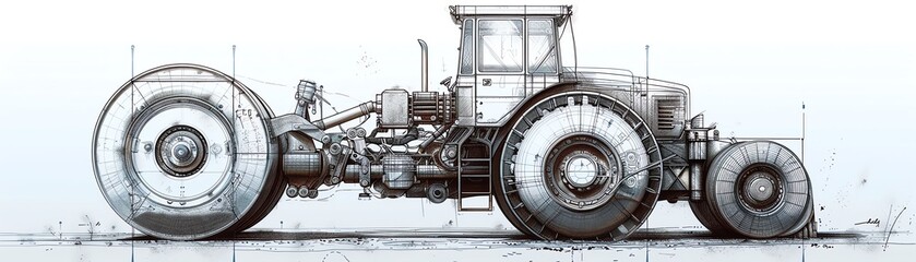 Detailed architectural drawing style of a road roller, showcasing precision and engineering with clean lines, isolated on white