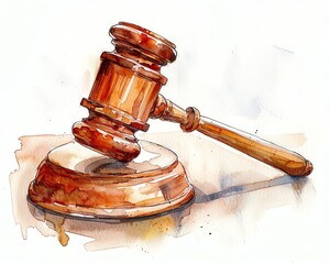 A watercolor painting of a judge's gavel resting on a sound block