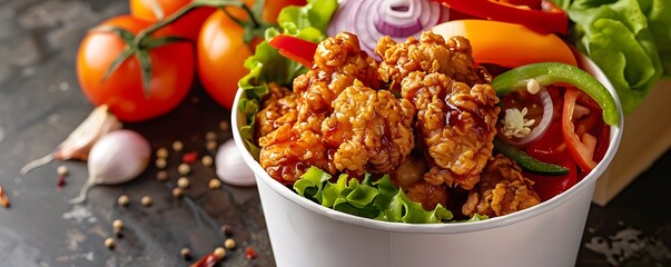 Irresistible crispy chicken, freshly prepared and still warm, incredibly appetizing, with sliced...