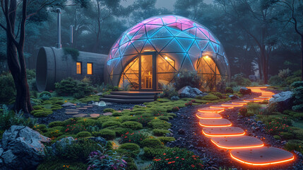 Geodesic dome house with a futuristic lawn and a glowing, neon pathway - Powered by Adobe