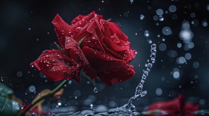 Macro photography, red rose blooming with a little splash of water, AI generated image