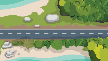 Fototapeta premium Above view of empty asphalt road path. Cutting through a natural forest area. There are sea beaches on both sides.