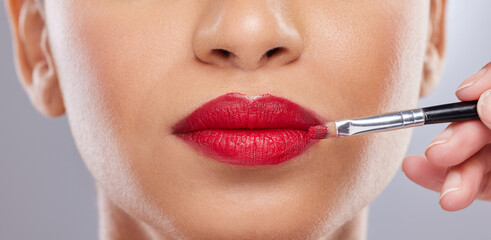 Woman, lipstick and studio with closeup, mouth and beauty or makeup for portrait. Cosmetology, face...