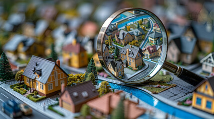 Closeup of Magnifying Glass Over Model Houses,
Scouting for Housing Magnifying Glass in Property Search
