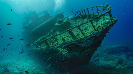 A shipwreck is seen under the water.