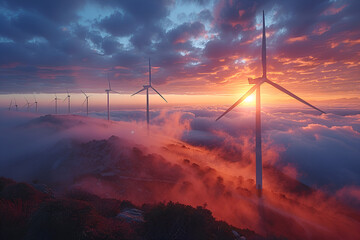 Close-Up Photo of Wind Generators Spinning,
Wind turbine farm with rays of light at sunset
 - Powered by Adobe
