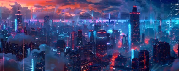 digital art depicting a cityscape with mind - upload facilities, featuring a towering skyscraper, a bustling street, and a serene river flowing through the center