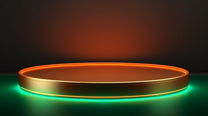 Golden podium with green and orange neon lights on the dark background.