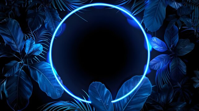 Tropical glowing neon frame. Dark night jungle palm leaves. Summer background design
