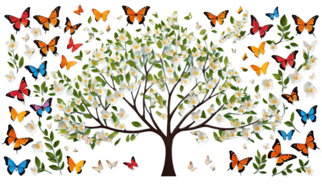butterflies vector beautiful spring tree consisting butterfly flower season swirl sun summer stem sky silhouette shape red plant pattern part painting ornate ornamental nature isolated image - Powered by Adobe