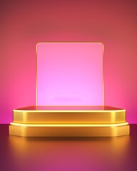 Pink and gold podium with square frame on pink background.