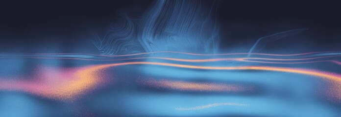 Ethereal digital art featuring flowing spectral lines in deep blue and warm orange hues, set against a dark, expansive background for a mysterious nighttime effect.