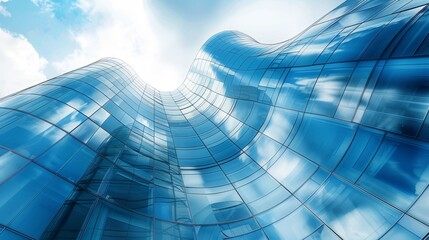 The photo shows a modern glass skyscraper with a blue sky and white clouds reflected in the windows.