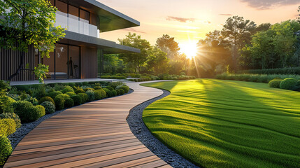 Coastal modern house with a minimalist lawn and a curved, wooden walkway leading to the front door - Powered by Adobe