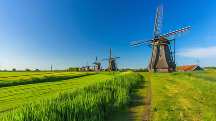 Rows of windmills line the horizon, creating an iconic view of rural beauty. A windmill with its large white blades, rotating slowly under a clear blue sky, Ai generated Images
