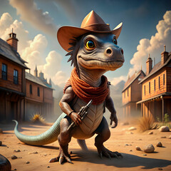 An adorable and fluffy baby dinosaur cowboy western Ai generated art