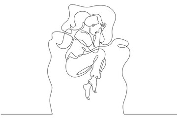 One continuous line.A woman sleeps under a blanket. The girl fell asleep on the pillow. Female...