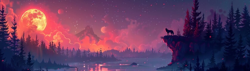 Naklejka premium An observatory perched on a cliff, overlooking a forest where a lone wolf howls at the moon, creating an ethereal scene of beauty and mystery