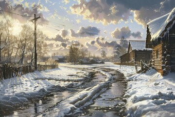 Fototapeta premium Winter landscape with traditional wooden house, snow-covered terrain, and partially frozen river with reeds