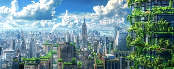 digital illustration of a cityscape with giant vertical farms and sky gardens, featuring a tall building in the foreground