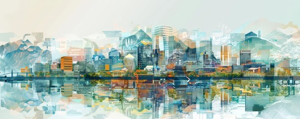 digital illustration of a cityscape with graviton - powered infrastructure featuring a bridge, buildings, and trees