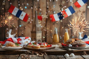 Bastille Day Celebration Display with Bastille Replica, French Flags, and Traditional Pastries on Wooden Backdrop