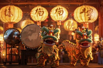 Fototapeta premium Dragon Festival Celebration with Intricate Costumes and Traditional Instruments on Wooden Backdrop