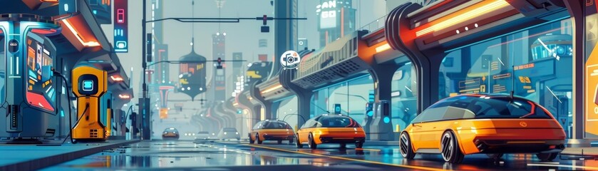digital illustration of a futuristic city with electric vehicles and charging stations