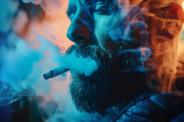 Man with beard smoking a cigarette