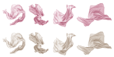 2 Collection set of pastel light pink beige cream silk satin cloth fabric floating flying in the air on transparent background cutout, PNG file. Mockup template for artwork graphic design

