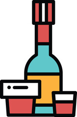 A bottle of liquor is next to two glasses