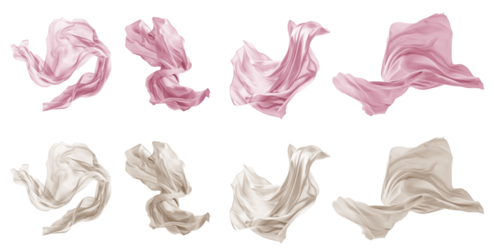 2 Collection set of pastel light pink beige cream silk satin cloth fabric floating flying in the air on transparent background cutout, PNG file. Mockup template for artwork graphic design
