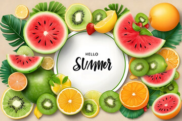 Hello, summer with fruits background template. Hello summer text in a white frame with tropical fruits elements like watermelon, calamari, kiwi, orange, and lemon in the sand background