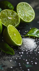 Limes and salt on a dark background.