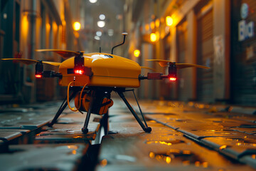 A yellow drone is sitting on the ground in an alley.