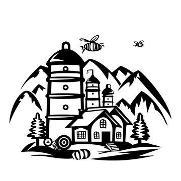 black and white bee farm scene clip art preview