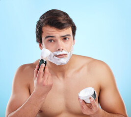 Beauty, man and shaving cream brush in studio for hair removal, hygiene and grooming portrait on...