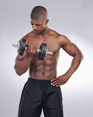 Fototapeta na wymiar African man, dumbbell and exercise in studio with thinking, progress and development by white background. Person, bodybuilder and strong with workout, fitness and training for healthy body in gym