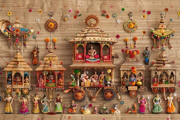 Rath Yatra festival scene with colorful chariots and worshippers on a wooden background