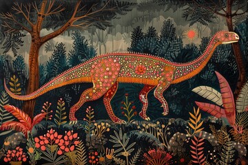 Traditional Bharni style Madhubani painting of a majestic Trex, set gracefully in a lush forest under a clear sky
