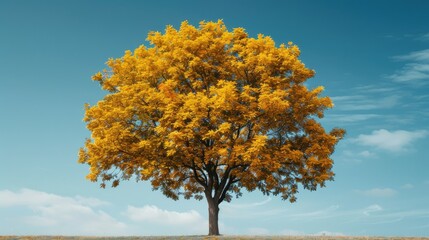 Maple tree with autumn foliage in yellow and gold hues set against a blue sky