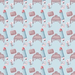 Student Supplies Seamless Pattern on blue background