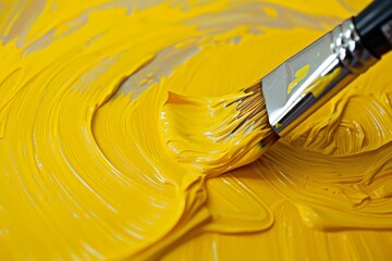 A paintbrush applying a stroke of vibrant yellow paint onto a canvas, the motion of the brush captured with dynamic yellow streaks - Powered by Adobe