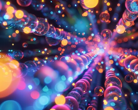 A network of glowing tubes filled with colorful orbs, representing data packets, rapidly sorting and rearranging themselves within a vast data center