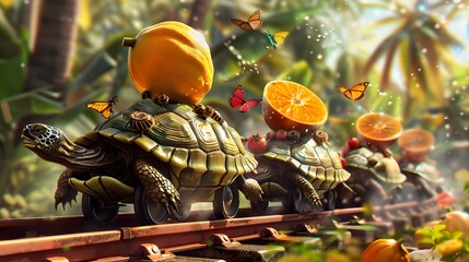 Tropical Tortoise Tango Fanciful Fauna Coexisting in a Lush Vibrant World - Powered by Adobe